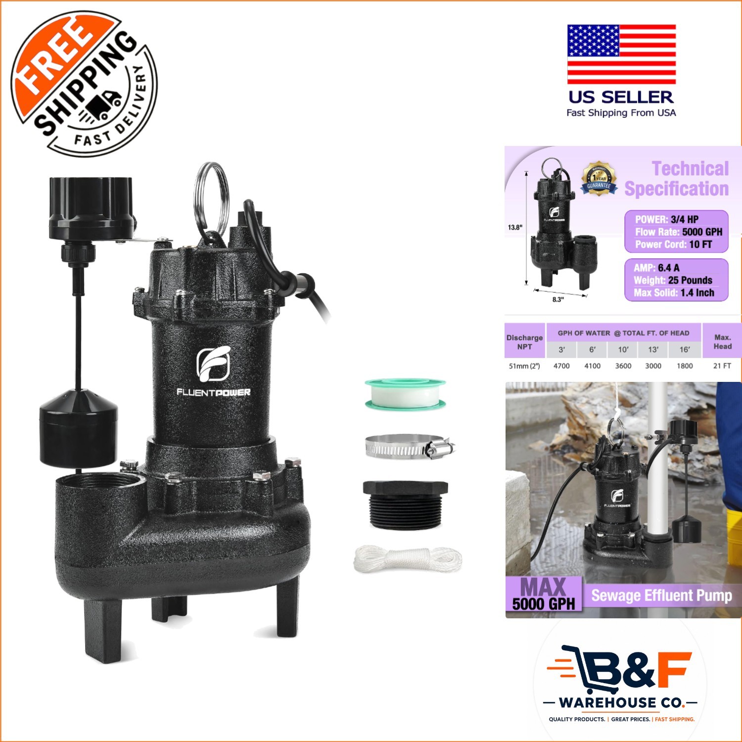 Durable 3/4HP Sewage Pump with Automatic Float & 21ft Lifting Height Capability