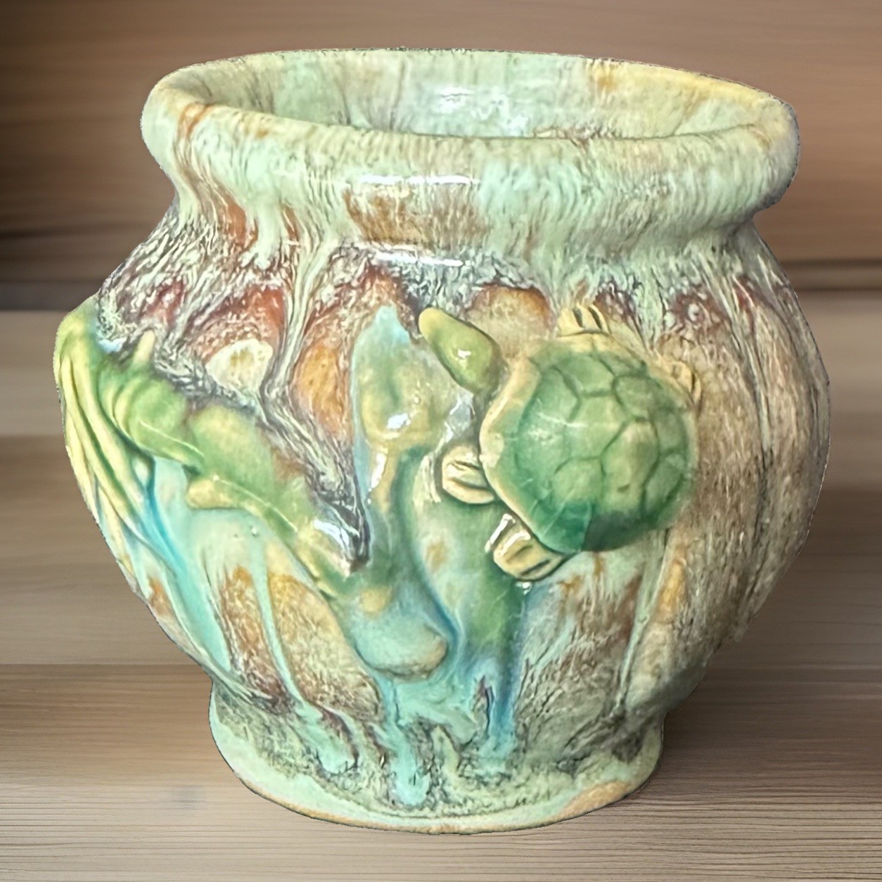 Majolica Style Turtle Vase Vintage 1960s Pottery Art Ceramic Planter Home Decor