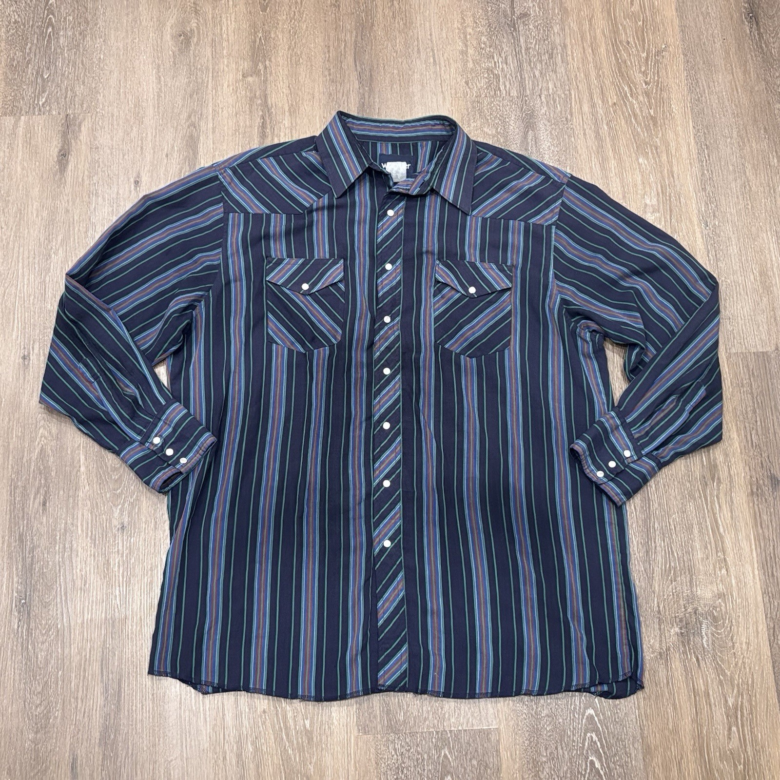 Vintage Wrangler Shirt Mens XL Pearl Snap Western Stripe Navy Blue Cowboy READ