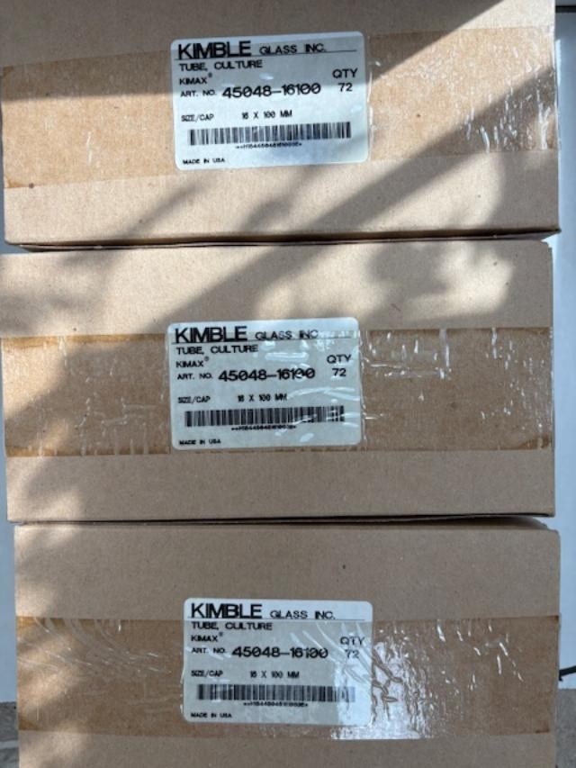KIMBLE KIMAX 45048-16100 CULTURE TUBES 16 x 100mm - 72 Per Box 5 Boxes Available