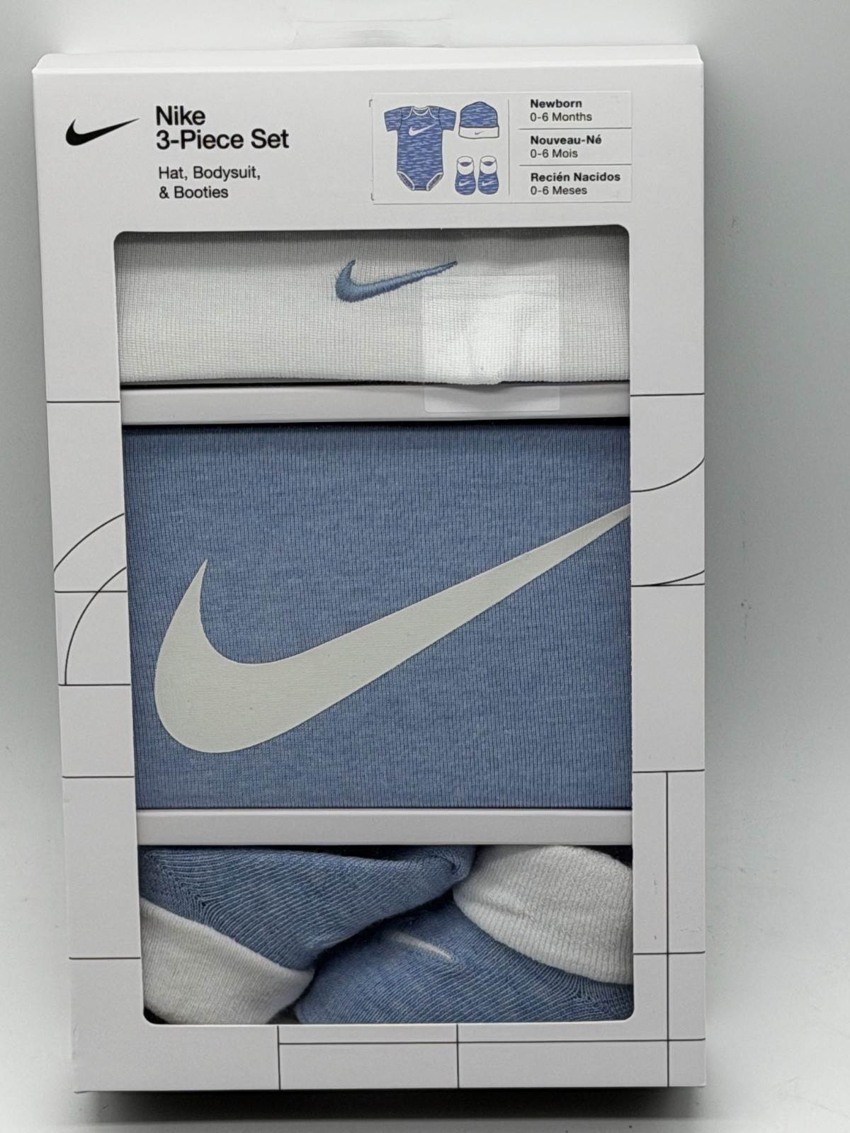 NEW 3 PIECE SET NIKE NEW BORN 0-6 MONTHS HAT / BOOTIE/ BODYSUIT COTTON BLEND NEW 3 PIECE SET NIKE NEW BORN 0-6 MONTHS HAT / BOOTIE/ BODYSUIT COTTON BLEND
