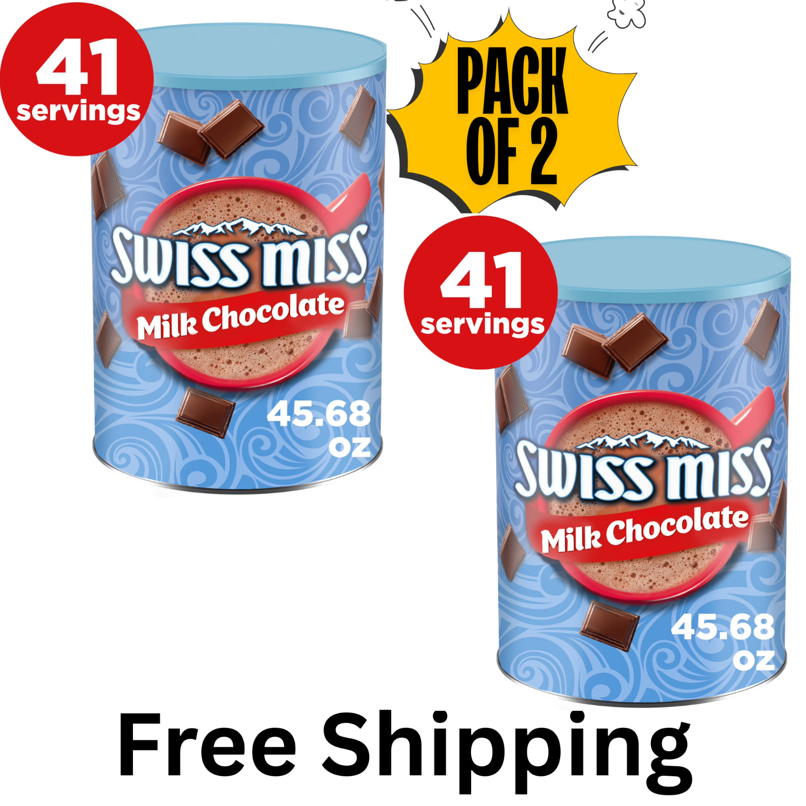 (2 pack) Swiss Miss Milk Chocolate Flavored Hot Cocoa Mix, 45.68 oz. Canister (2 pack) Swiss Miss Milk Chocolate Flavored Hot Cocoa Mix, 45.68 oz. Canister
