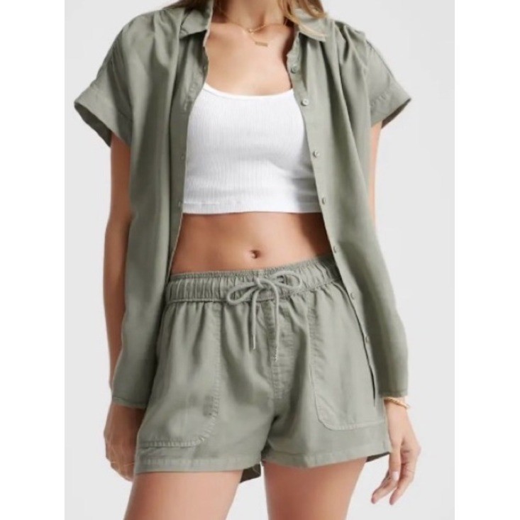Quince Vintage Wash Tencel Camp Shirt Olive Green Size L