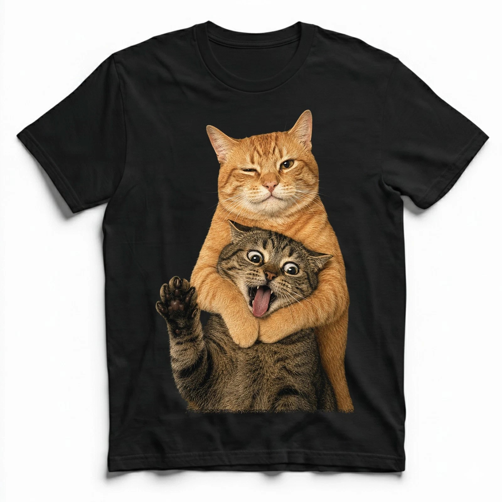 Orange Cat Hugging Tabby Cat Funny Expressionsss T-Shirt Humor Tee Orange Cat Hugging Tabby Cat Funny Expressionsss T-Shirt Humor Tee
