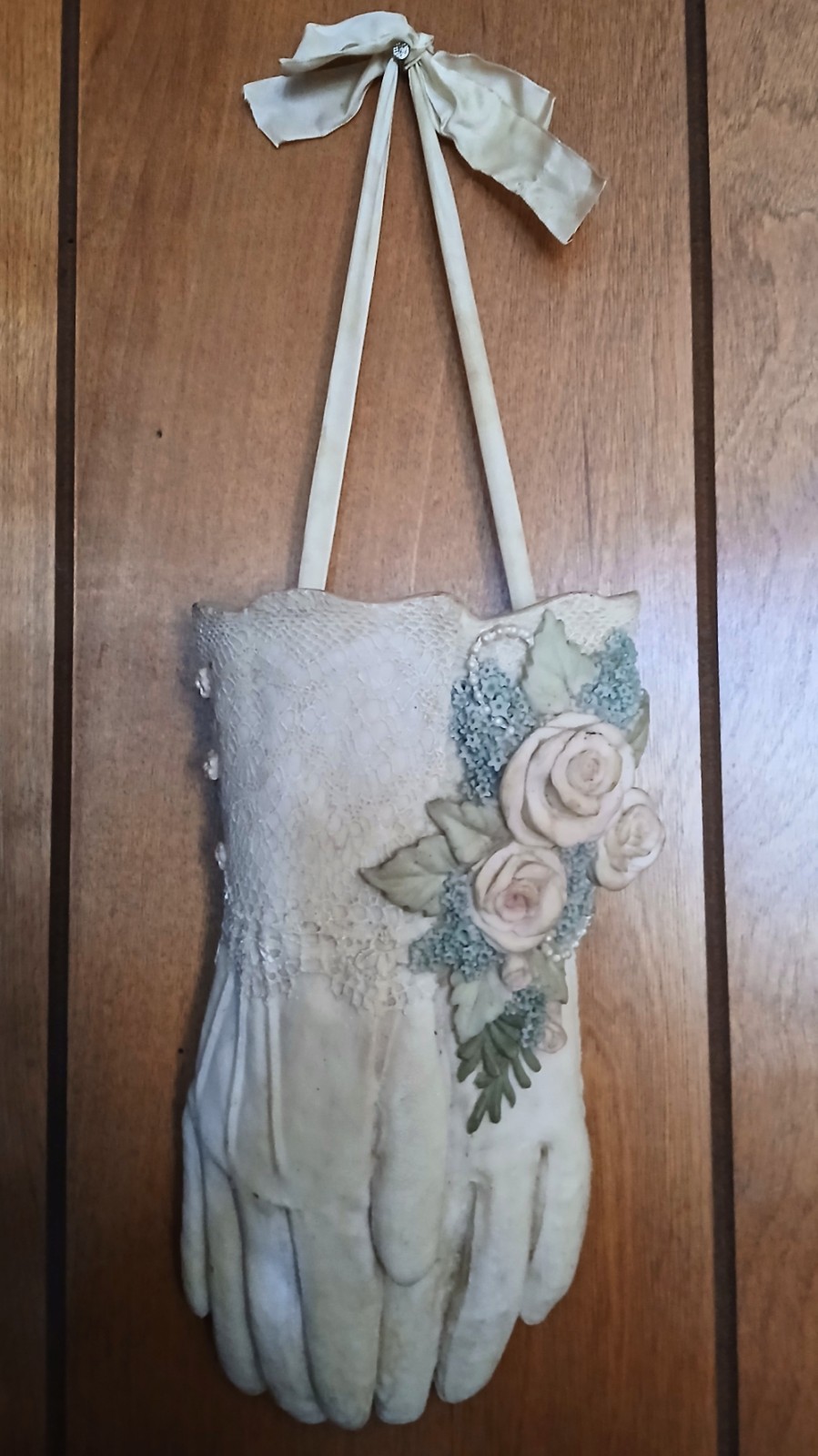RARE Handmade Ceramic Vintage Shabby-Chic Fancy Gardening Gloves Wall Decor