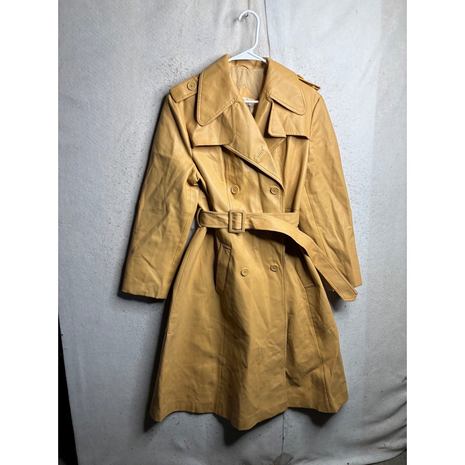 Vintage Carlisle Couture Mustard Yellow Vinyl Trench Coat Belted Double Breasted Vintage Carlisle Couture Mustard Yellow Vinyl Trench Coat Belted Double Breasted
