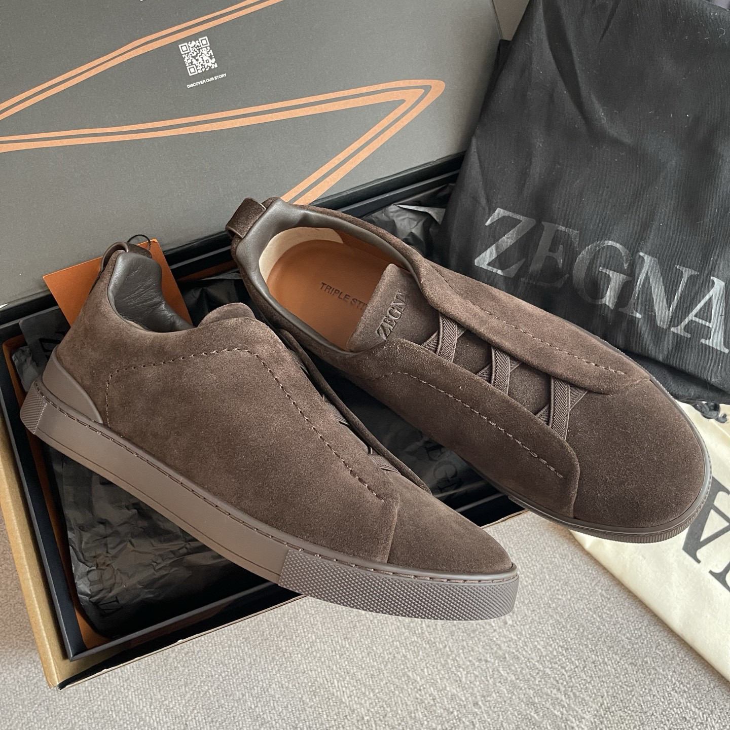 Men's Zegna Triple Stitch Brown Suede Slip-On Low Top Casual Luxury Sneakers 