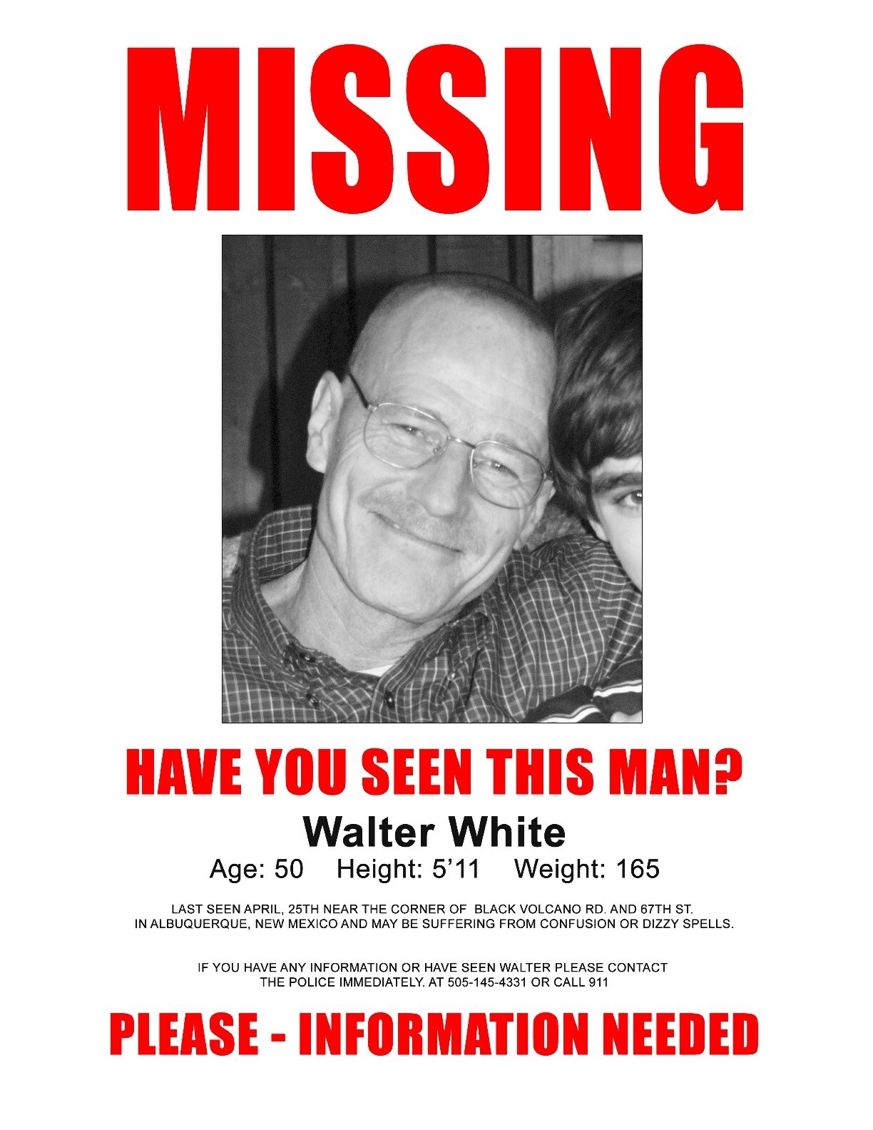 2008 Breaking Bad Movie Poster 11X17 Walter White Missing Poster 🍿