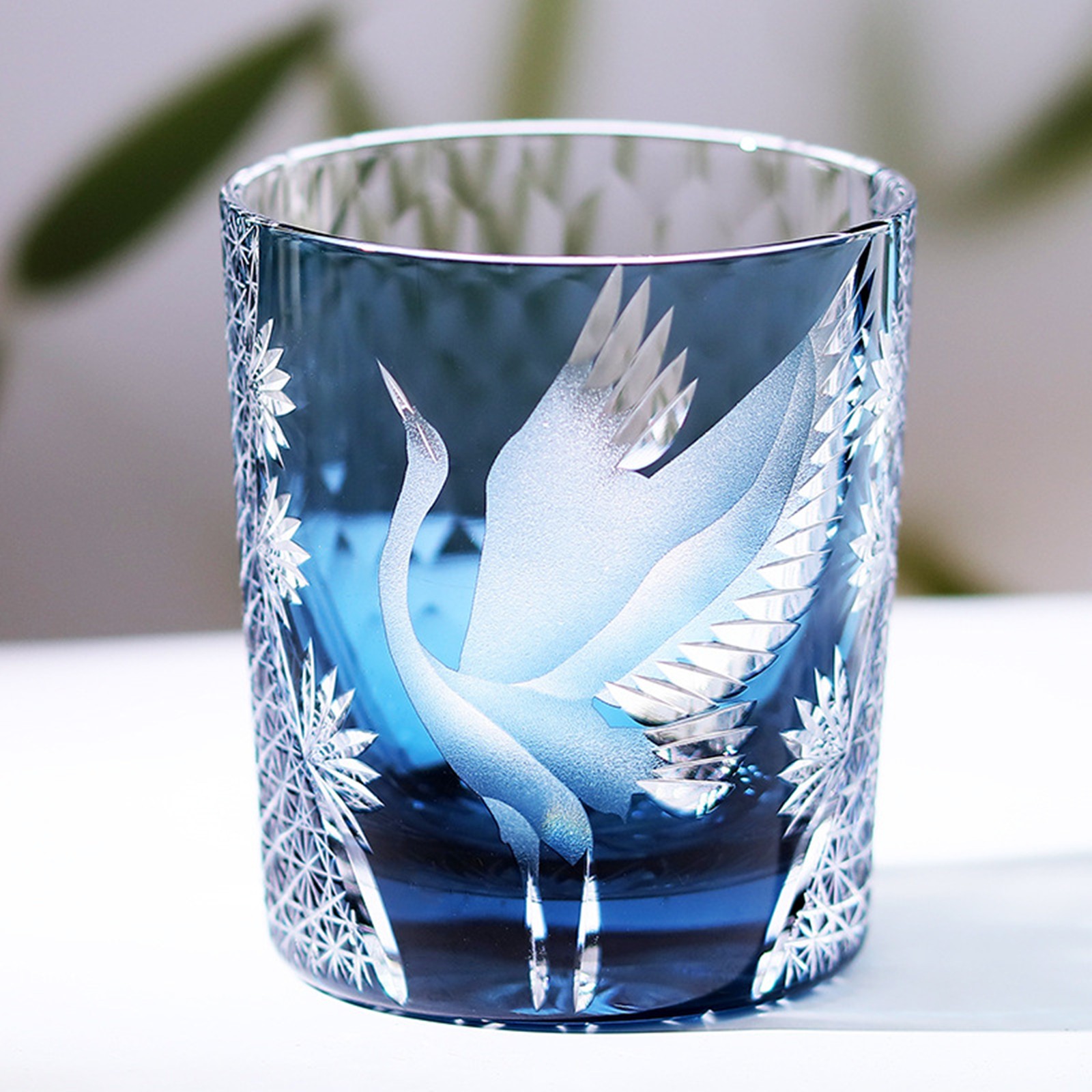 Japanese Style Edo Kiriko Glass Whisky Glass Tumbler Hand Cut To Clear Blue 9oz