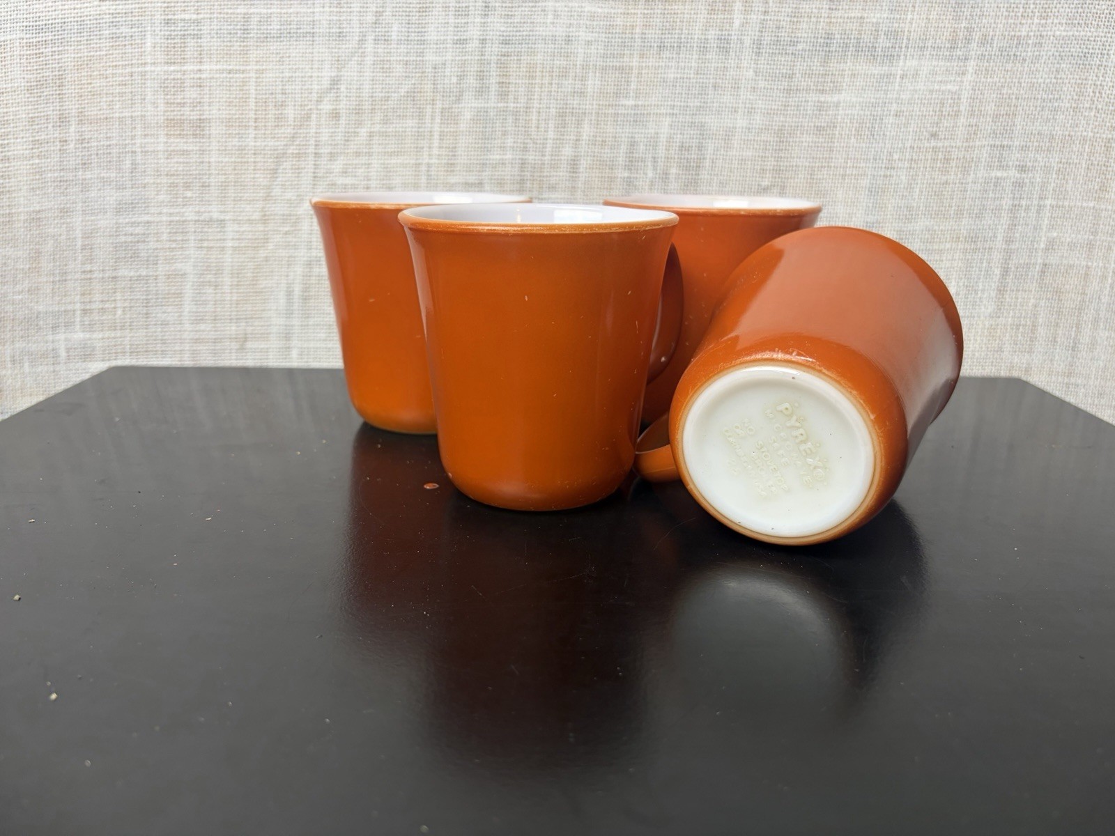 4 Vtg Burnt Orange Milk Glass Coffee Mugs Cups BY PYREX - D Handle Mid Century 4 Vtg Burnt Orange Milk Glass Coffee Mugs Cups BY PYREX - D Handle Mid Century