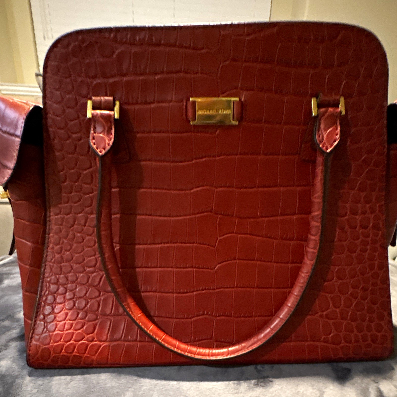 Michael Kors dark red Croc Embossed Leather Satchel, Double Handle, Zip, Gold Michael Kors dark red Croc Embossed Leather Satchel, Double Handle, Zip, Gold