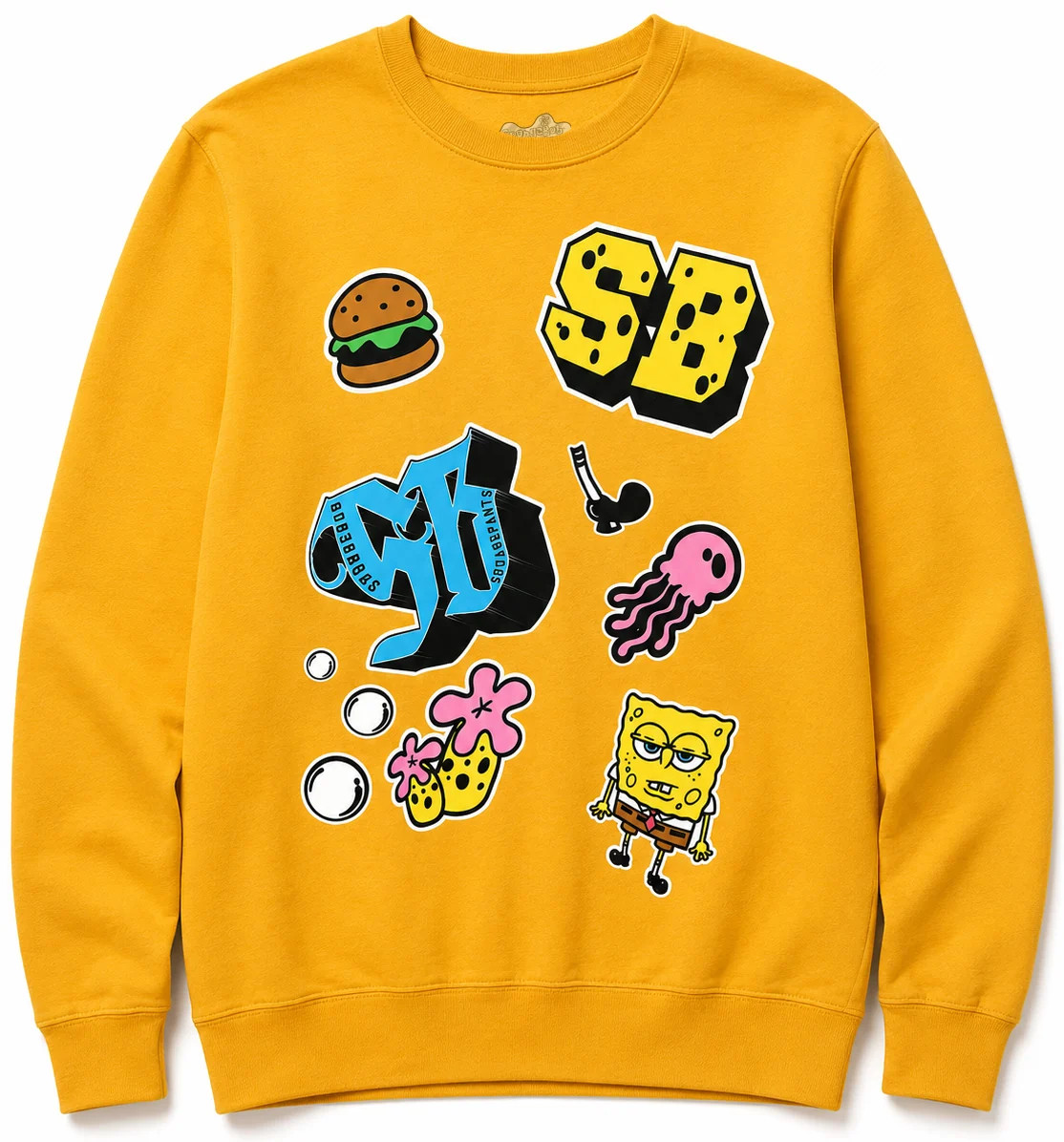 SpongeBob SquarePants Stickers Buttons Gold Crewneck Sweatshirt Nickelodeon NEW