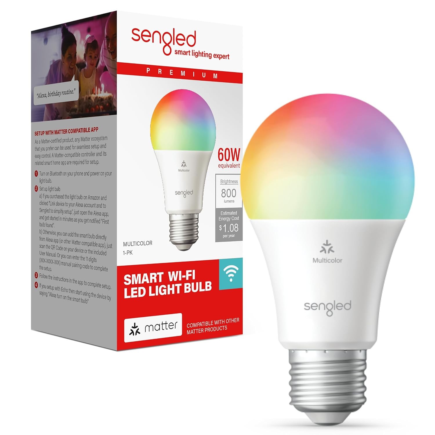 Matter LED Smart Light Bulb A19 Multicolor Alexa Compatible Color Changing
