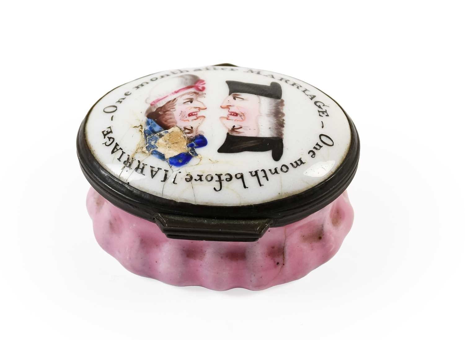 Antique South Staffordshire Bilston enamel patch box One Month Before Marriage Antique South Staffordshire Bilston enamel patch box One Month Before Marriage