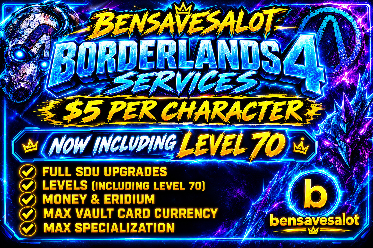 Borderlands 4 🎉 Full SDU+ max Level 70 +Money + Eridium + vault card + max spec