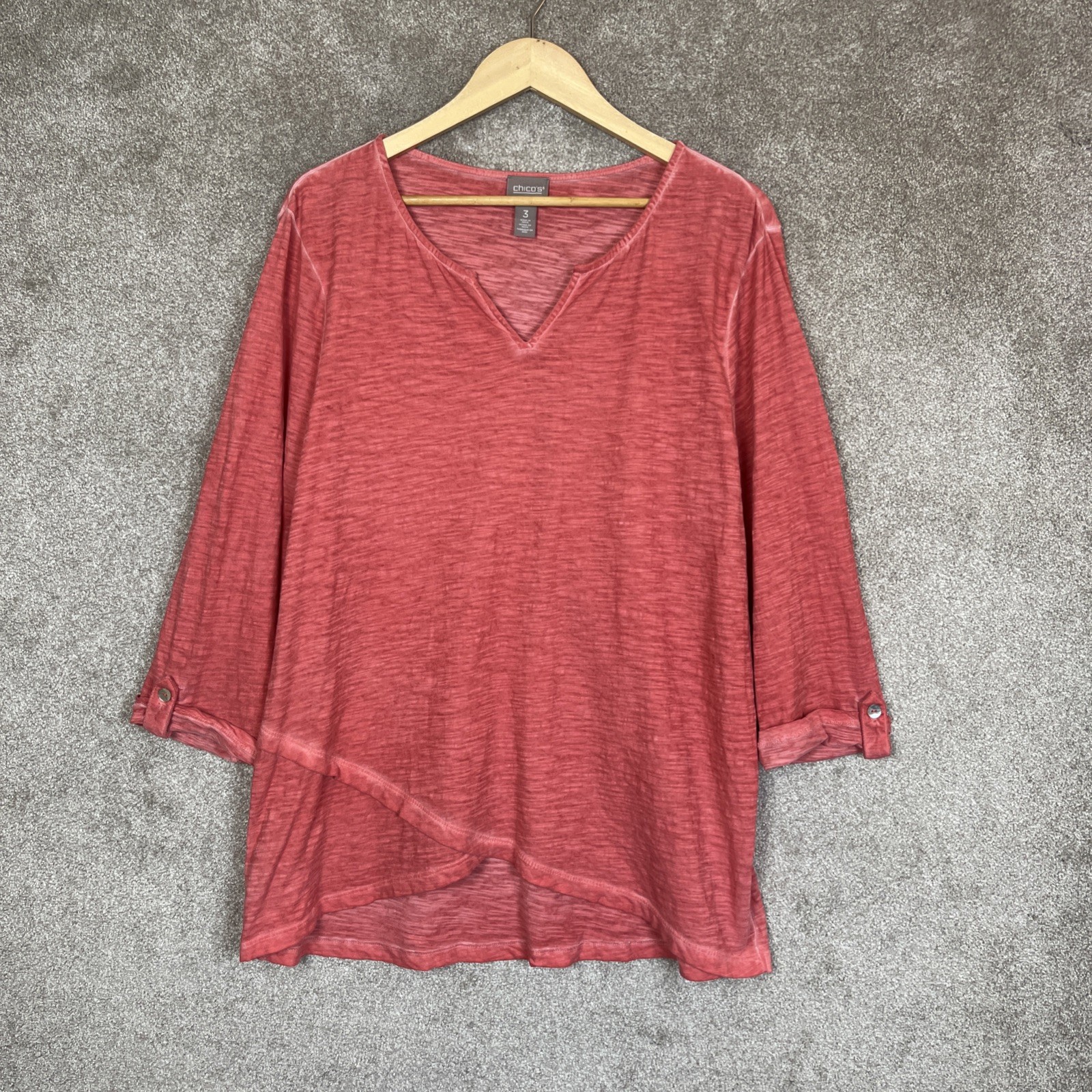 Chico\'s Shirt Womens 3 Pullover Stretch 3/4 Sleeve Tunic Roll Tab Sleeve- 5292