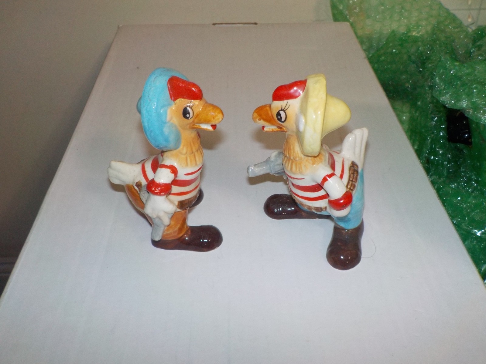 2 Vintage 1950's Kreiss Ceramics Anthro Mexican Chickens w/ Guns Dueling Figure 2 Vintage 1950's Kreiss Ceramics Anthro Mexican Chickens w/ Guns Dueling Figure