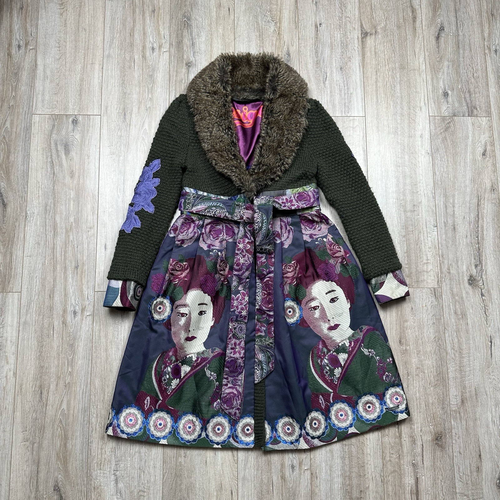 Desigual Womens Y2K Embroidered Geisha Print Belted Coat Faux Fur Size EU 40 US8