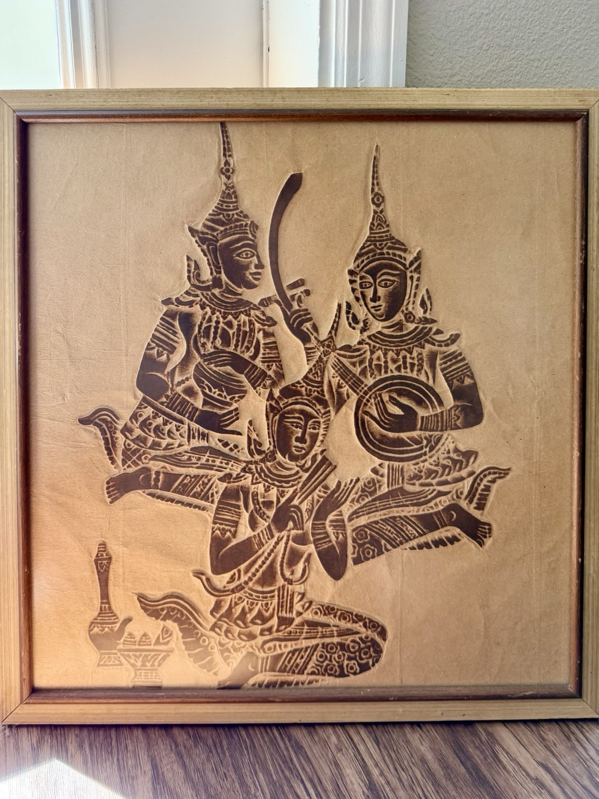 Vtg 1970’s Thai Charcoal Rubbing Rice Paper Art Framed Brown Temple Musicians