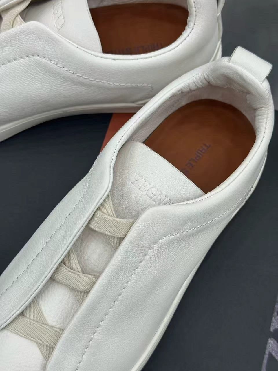 Men's Zegna Triple Stitch Low-Top Slip-On White Leather Casual Shoes