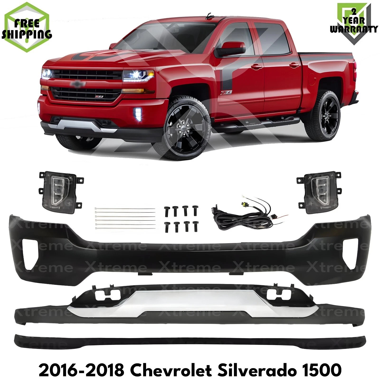 Front Bumper Primed & Fog Lights Kit For 2016-2018 Chevrolet Silverado 1500