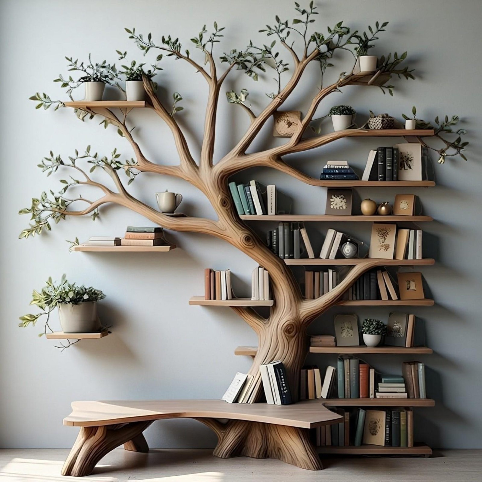 Tree Branch Shelf Handmade Wooden Floating Bookshelf Artistic Wall-Mounted Displ
