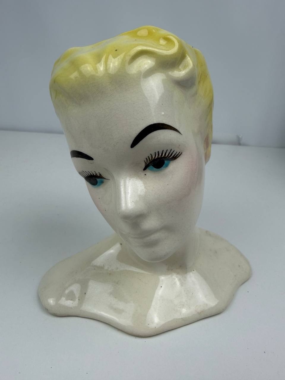 Vintage Blonde Lady Head Vase Glamour Girl 1950s Ceramic Planter 7.5 Inch