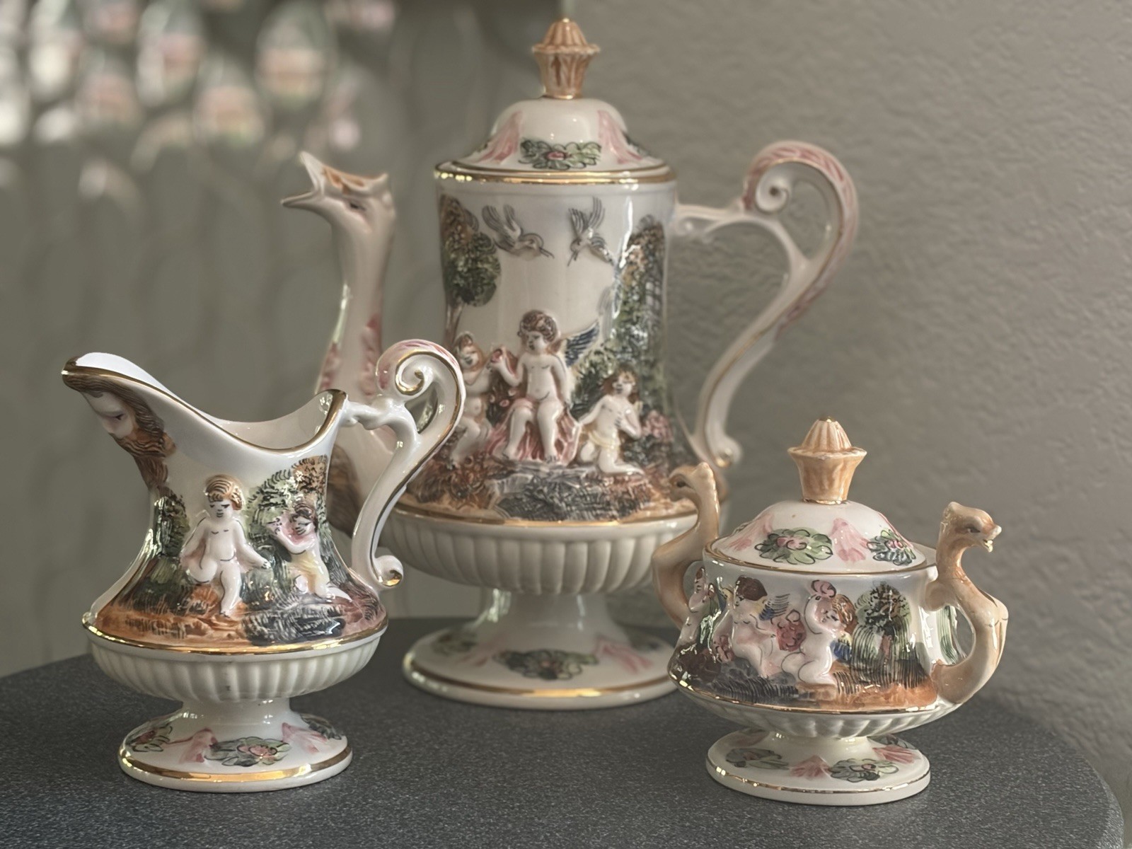 Vintage Capodimonte Italy Demitasse Cherub/Dragon Set Of 3 Tea Set Vintage Capodimonte Italy Demitasse Cherub/Dragon Set Of 3 Tea Set