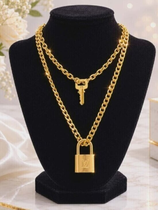 Authentic Louis Vuitton Lock & Key w/ 18k Gold Plated Chain Necklace
