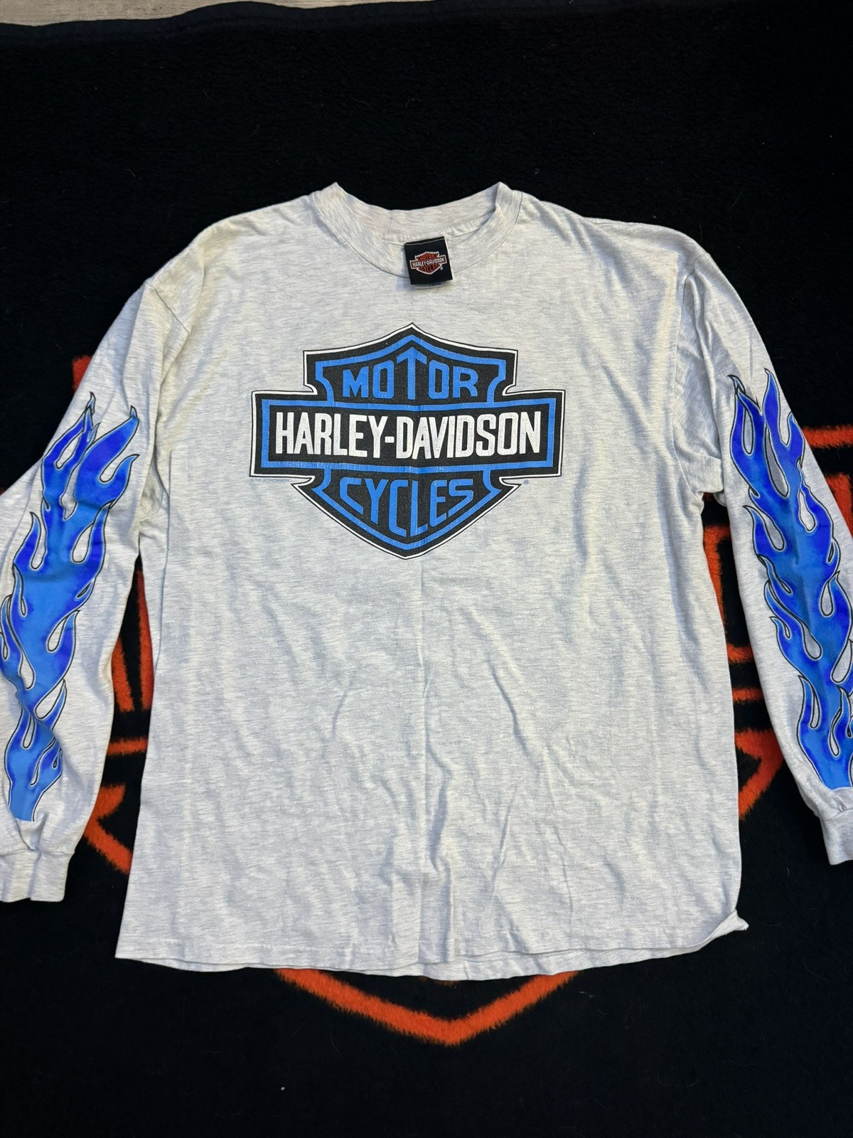Vintage 90s Harley Davidson Blue Flame Long Sleeve T-Shirt Size L