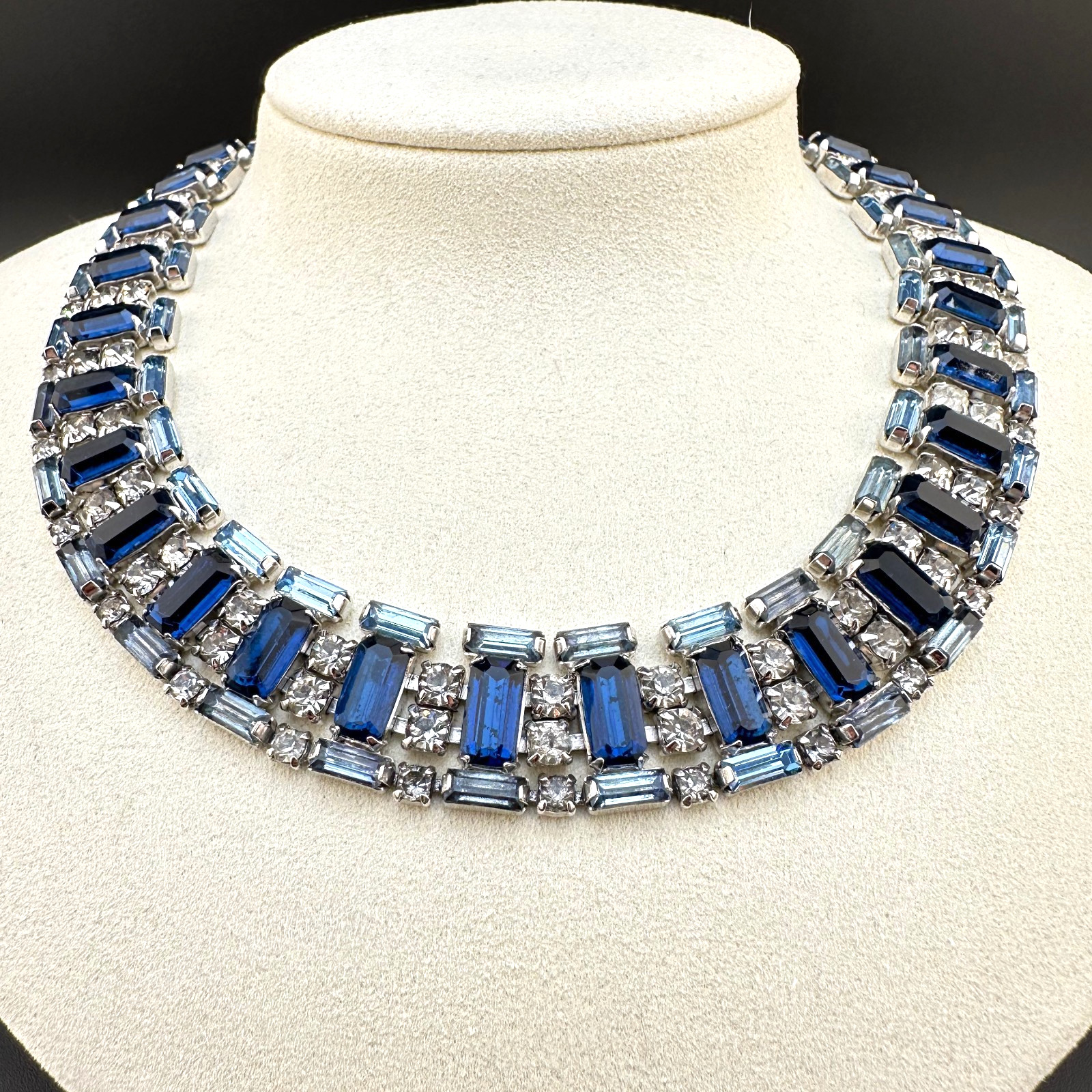 Vintage Rhinestone Collar Necklace Shades of Blue Baguette Glass Wide Statement