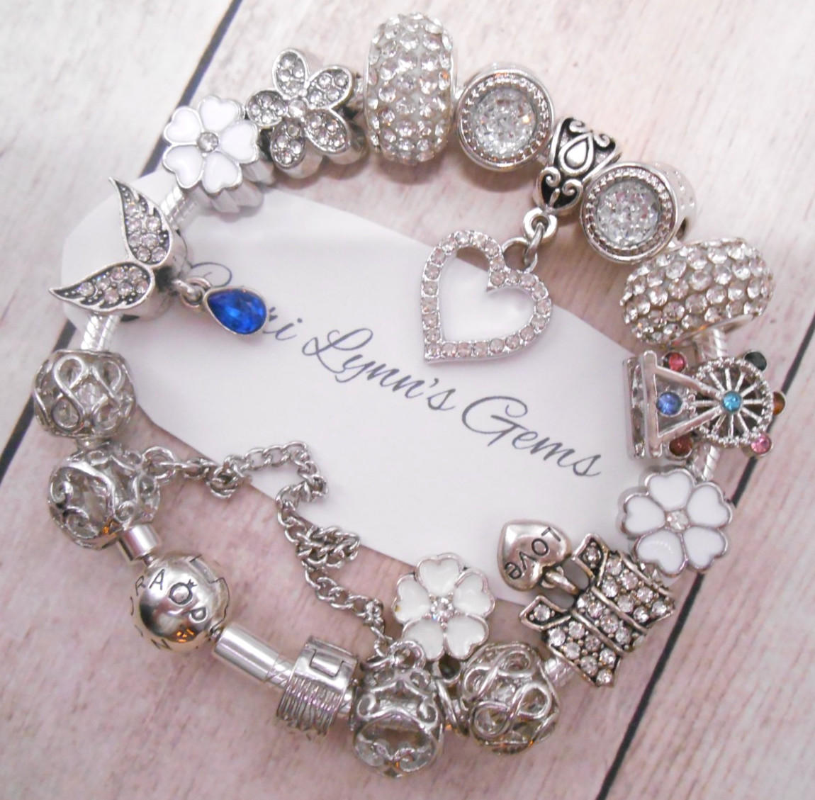 PANDORA SILVER CHARM BRACELET WITH CRYSTAL HEART & LOVE CHARMS & GIFT BOX