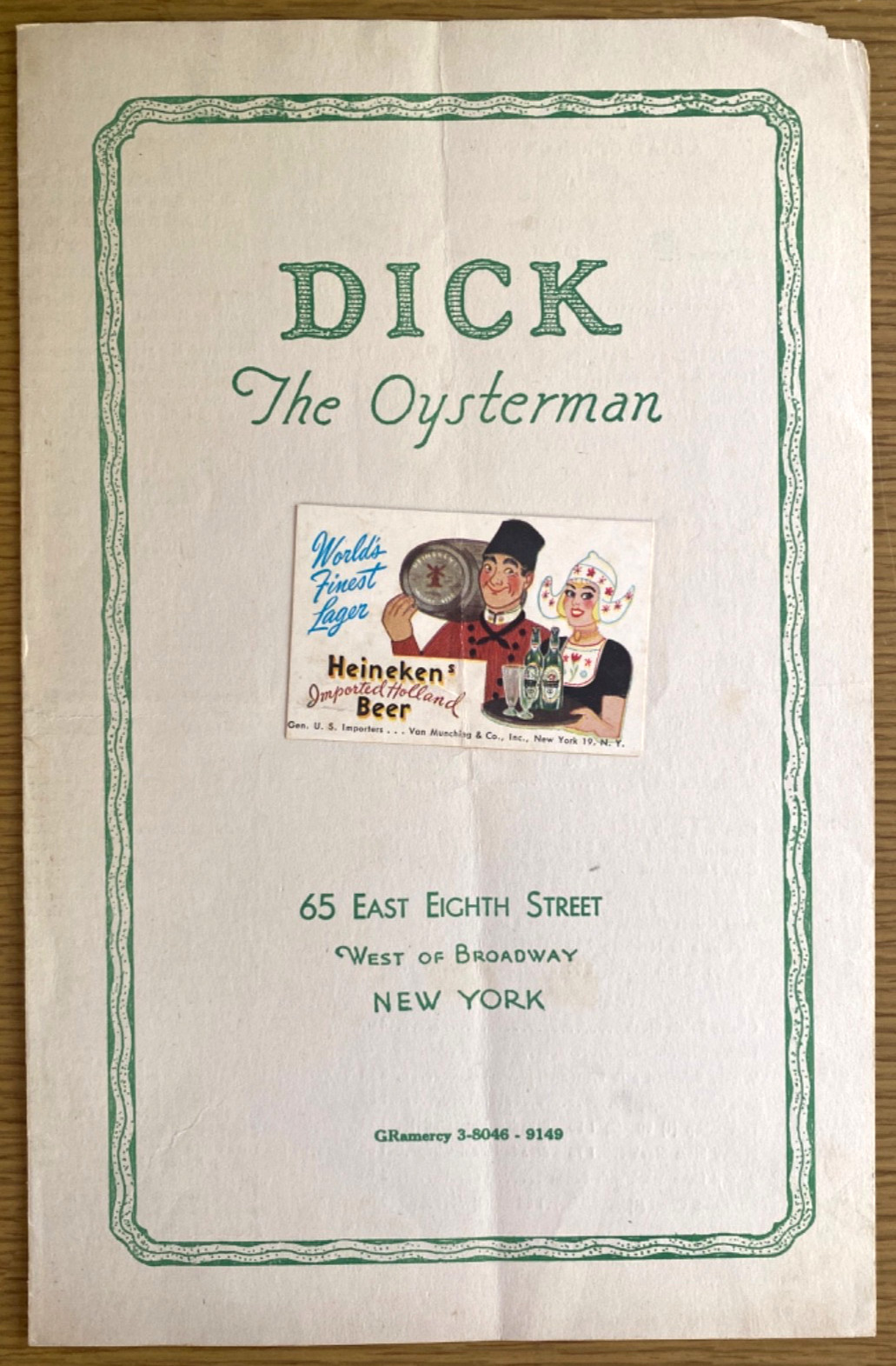 1951 DICK THE OYSTERMAN vintage restaurant menu NEW YORK CITY, 65 East Eighth St