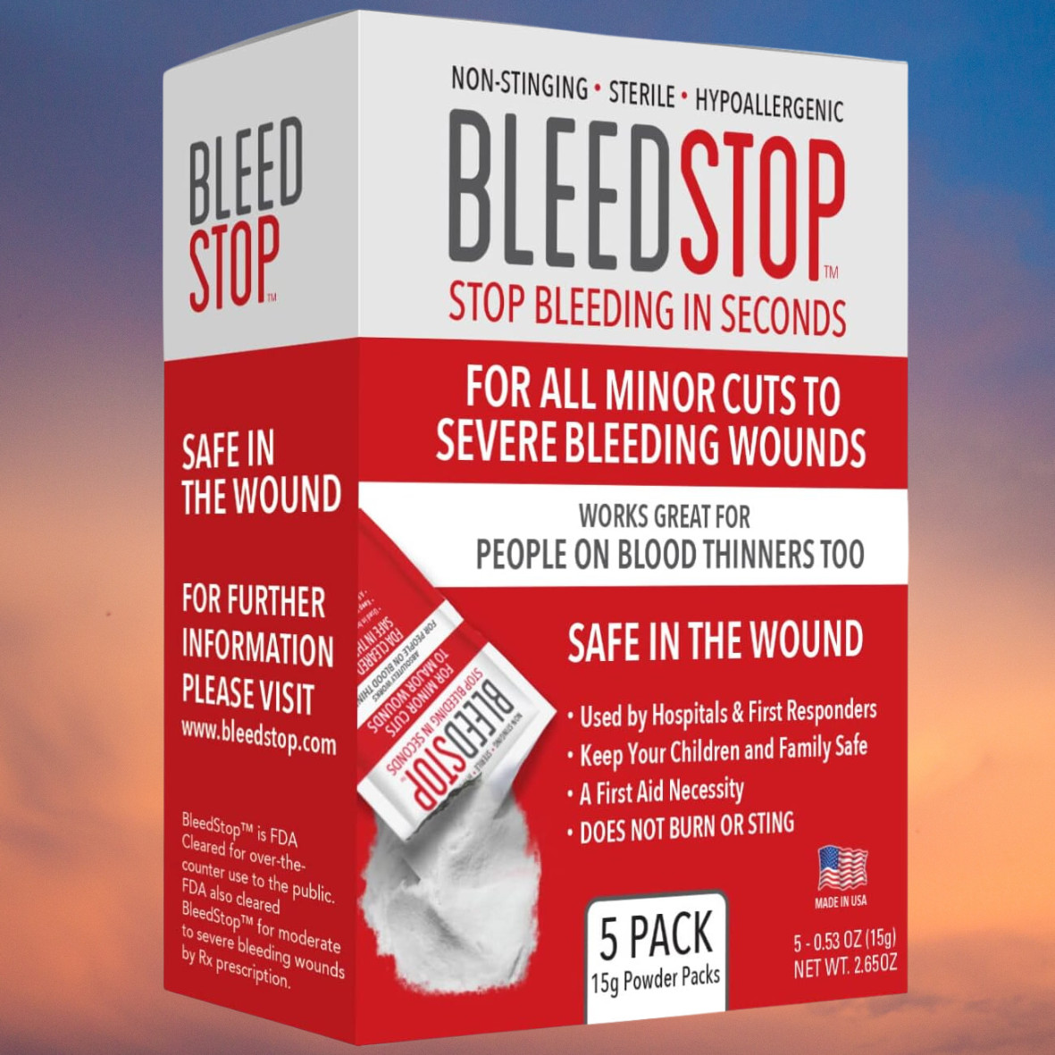 BleedStop™ First Aid Powder for Blood Clotting, Trauma Kit - 5 PK (15g) Pouches