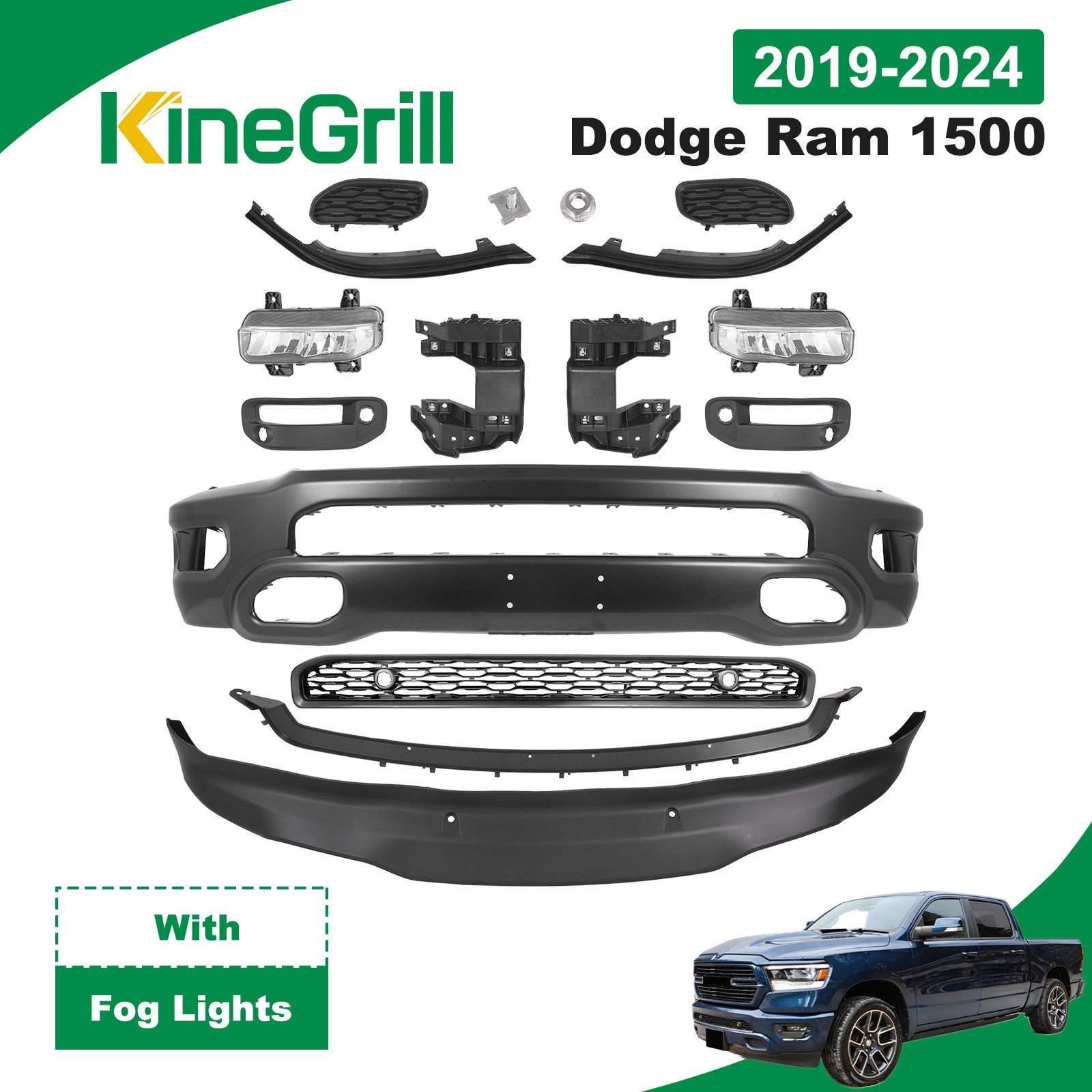 For 2019-2024 Ram 1500 Front Steel Bumper Cover Body Set w/ Grille & Fog Lights