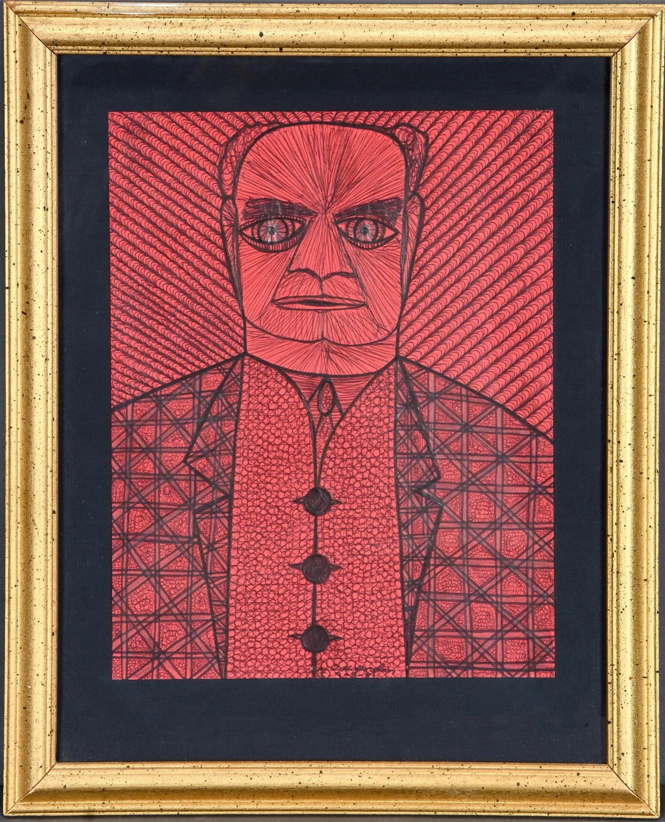 Ted Gordon Signed Dated 1981 Outsider Art Figure on Red Framed Original