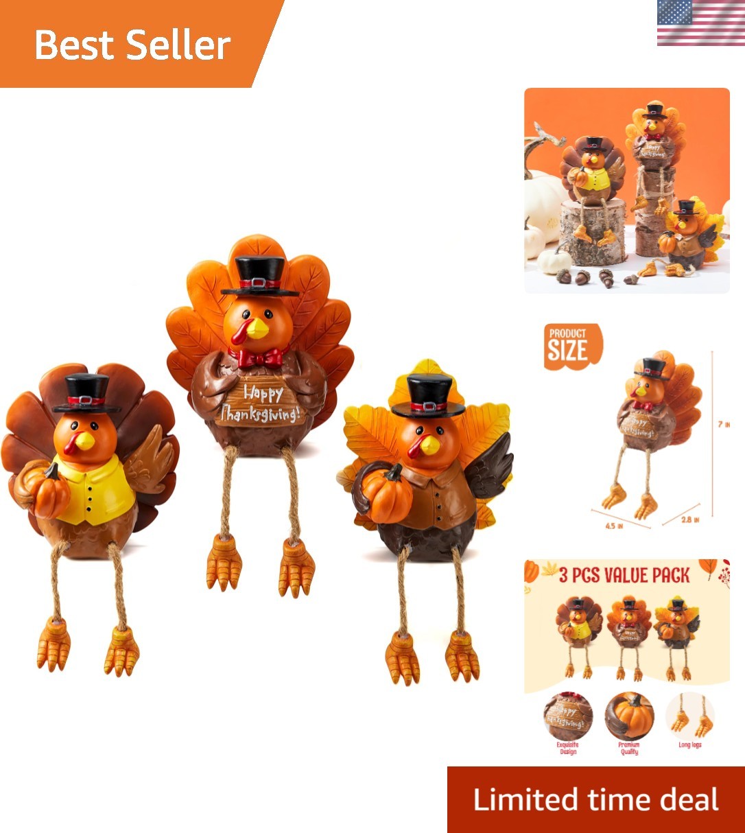 3 PCS Thanksgiving Turkey Tabletop Centerpiece Decor, Resin Turkey Figurines