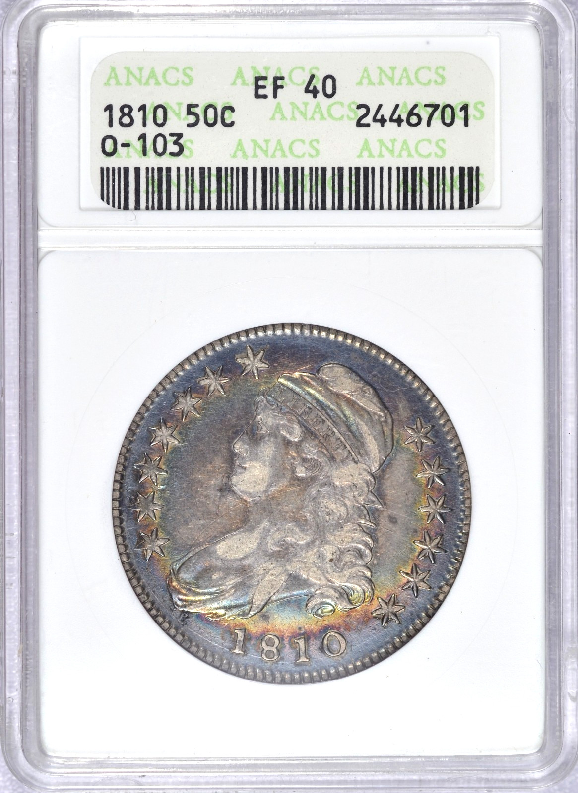 1810 CAPPED BUST HALF DOLLAR ANACS XF40 RAINBOW TONED OLD SOAPBOX STUNNING COIN