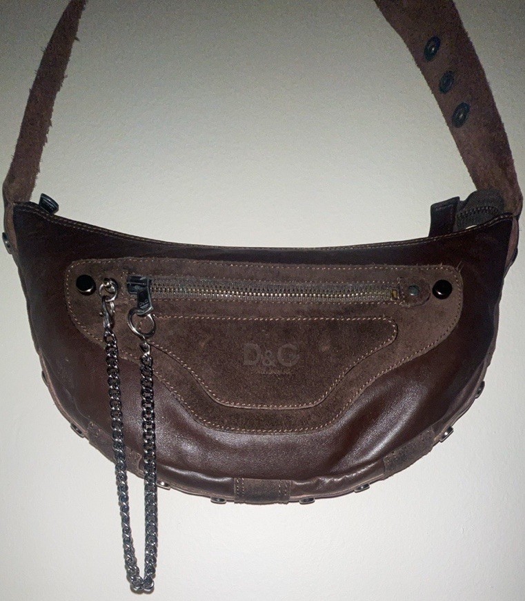 Vintage Y2K D&G Dolce Gabbana Brown Leather Suede Crescent Chain Shoulder Bag