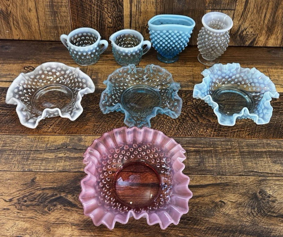 VINTAGE FENTON OPALESCENT HOBNAIL LOT BLUE CRANBERRY CLEAR BOWLS CREAM SUGAR VINTAGE FENTON OPALESCENT HOBNAIL LOT BLUE CRANBERRY CLEAR BOWLS CREAM SUGAR