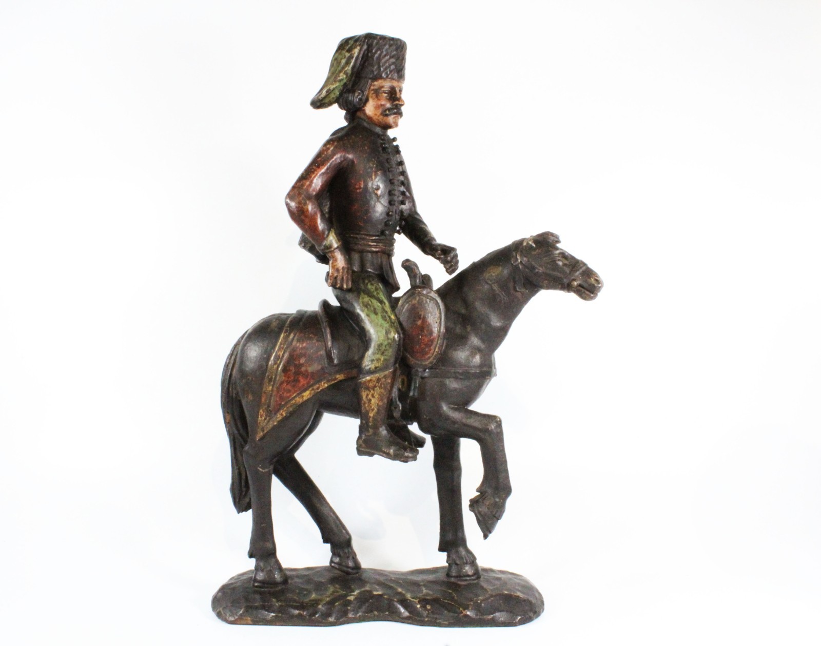 Large 19th C. Austrian / Tyrolean Carved Polychrome Wood Hussar Horse Figure