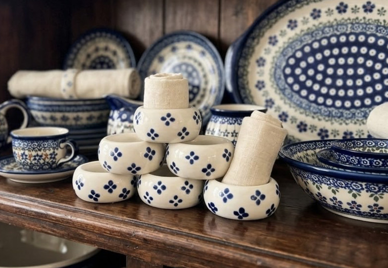 Vintage Ceramika Artystyczna Polish Pottery Napkin Rings - Set of 6 Blue Bliss