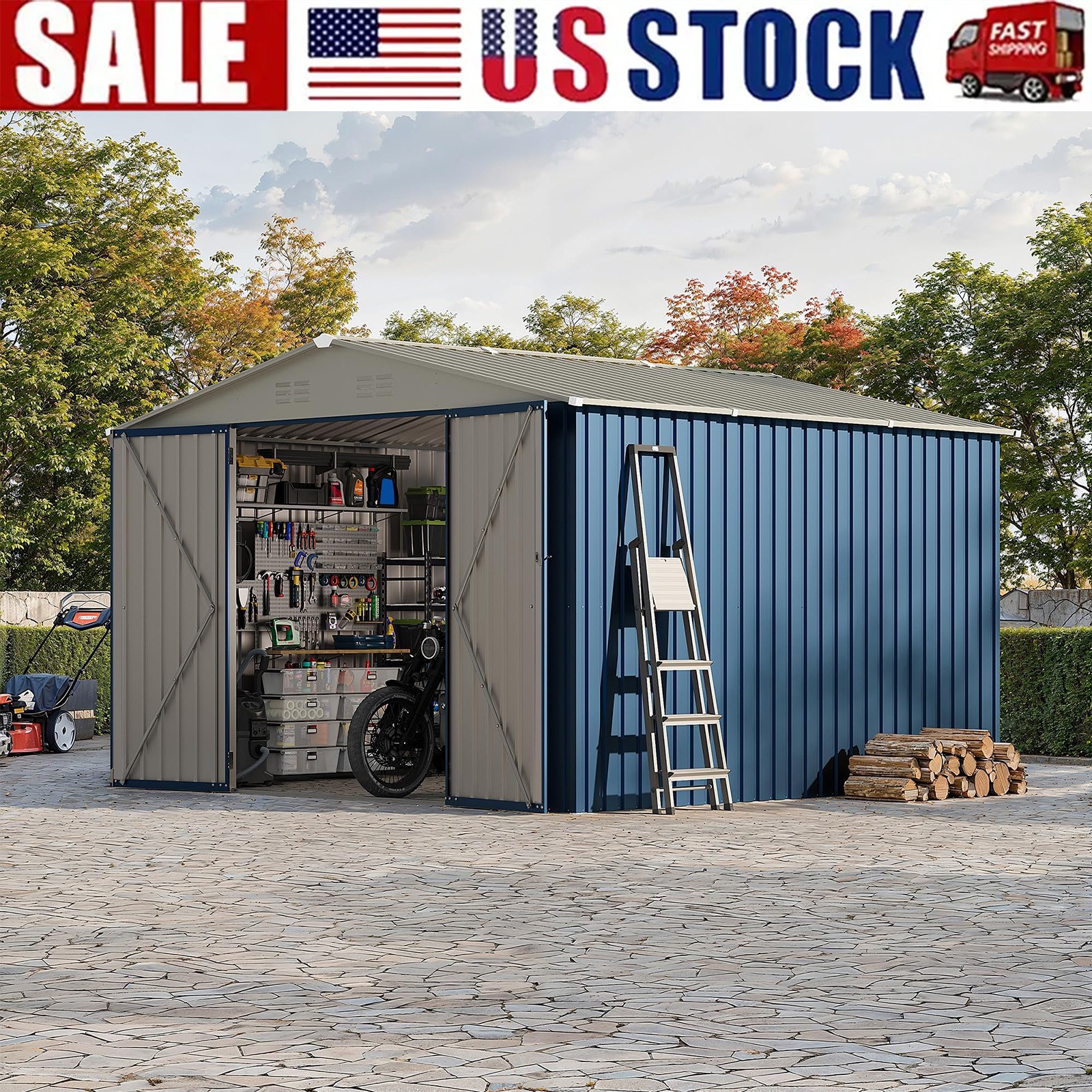 ✨10x10FT Outdoor Storage Shed Large Metal Garden Shed Tool Shed w/Lockable Door