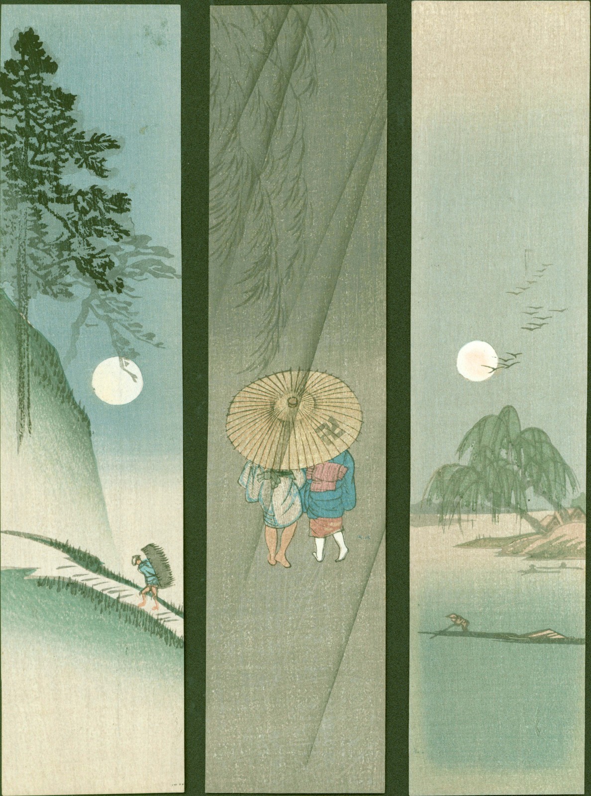 Set of Three Tanzaku Shin Hanga Japanese Woodblock Prints 1910s-30s