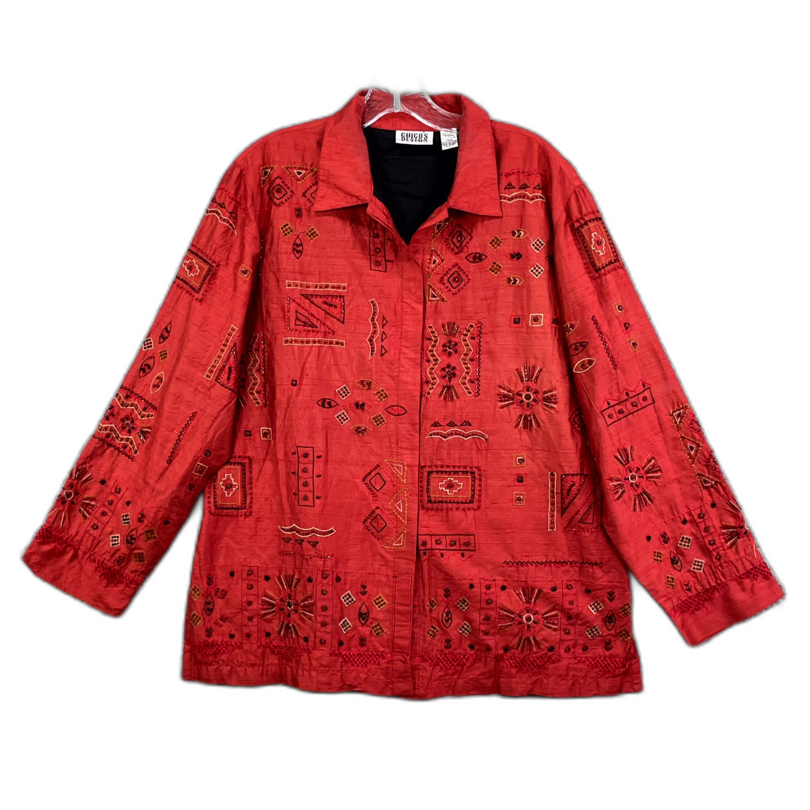 Vintage Chico\'s Design Jacket Womens 2 Red Embroidered Beaded Rancher Outdoor