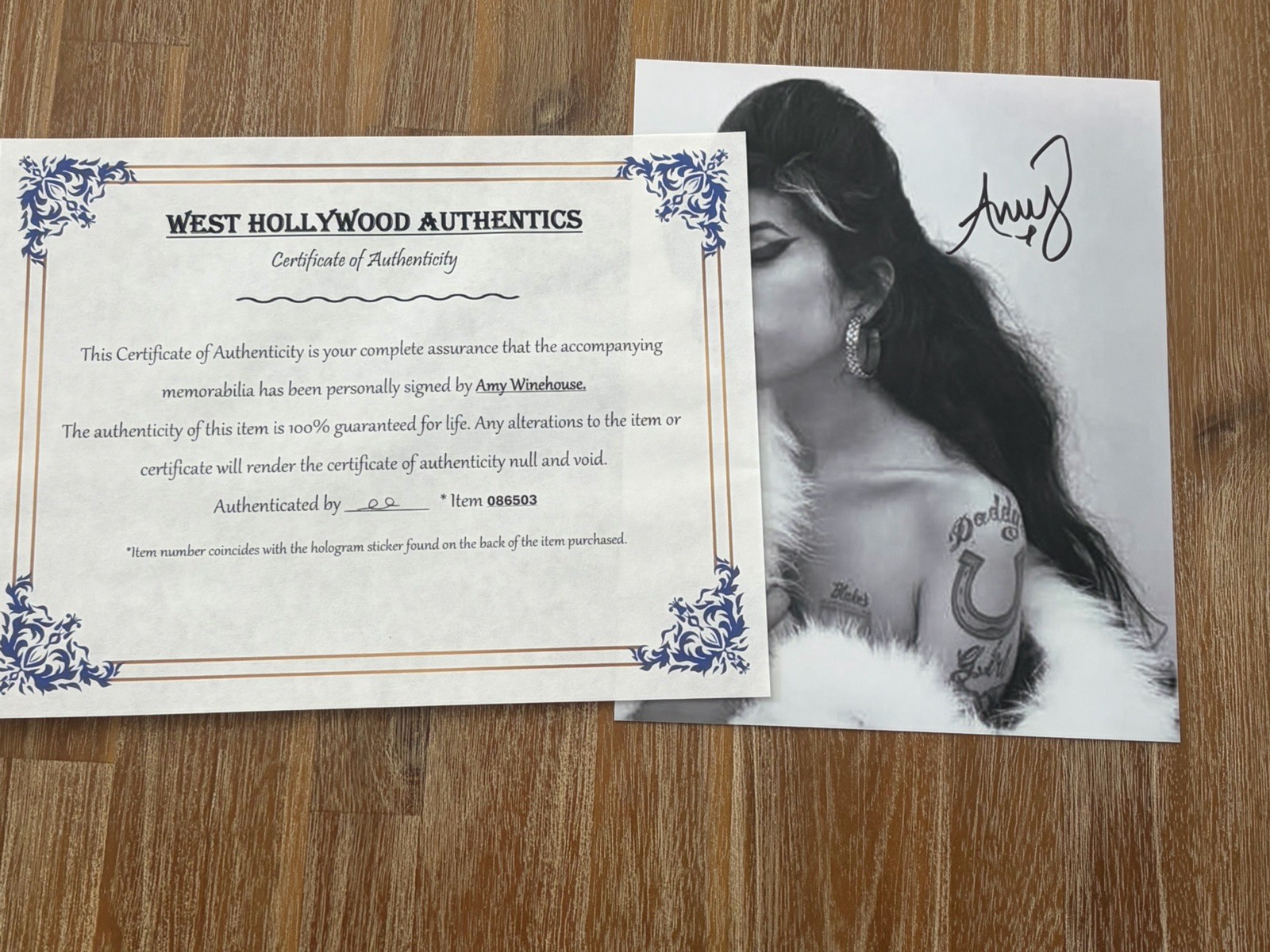 Amy Winehouse autographed 8x10 photo, signed, authentic, COA