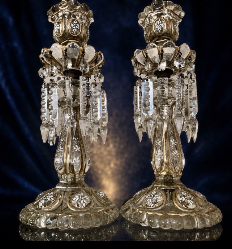Antique French Baccarat Medallion Glass Pair Lusters Lamps