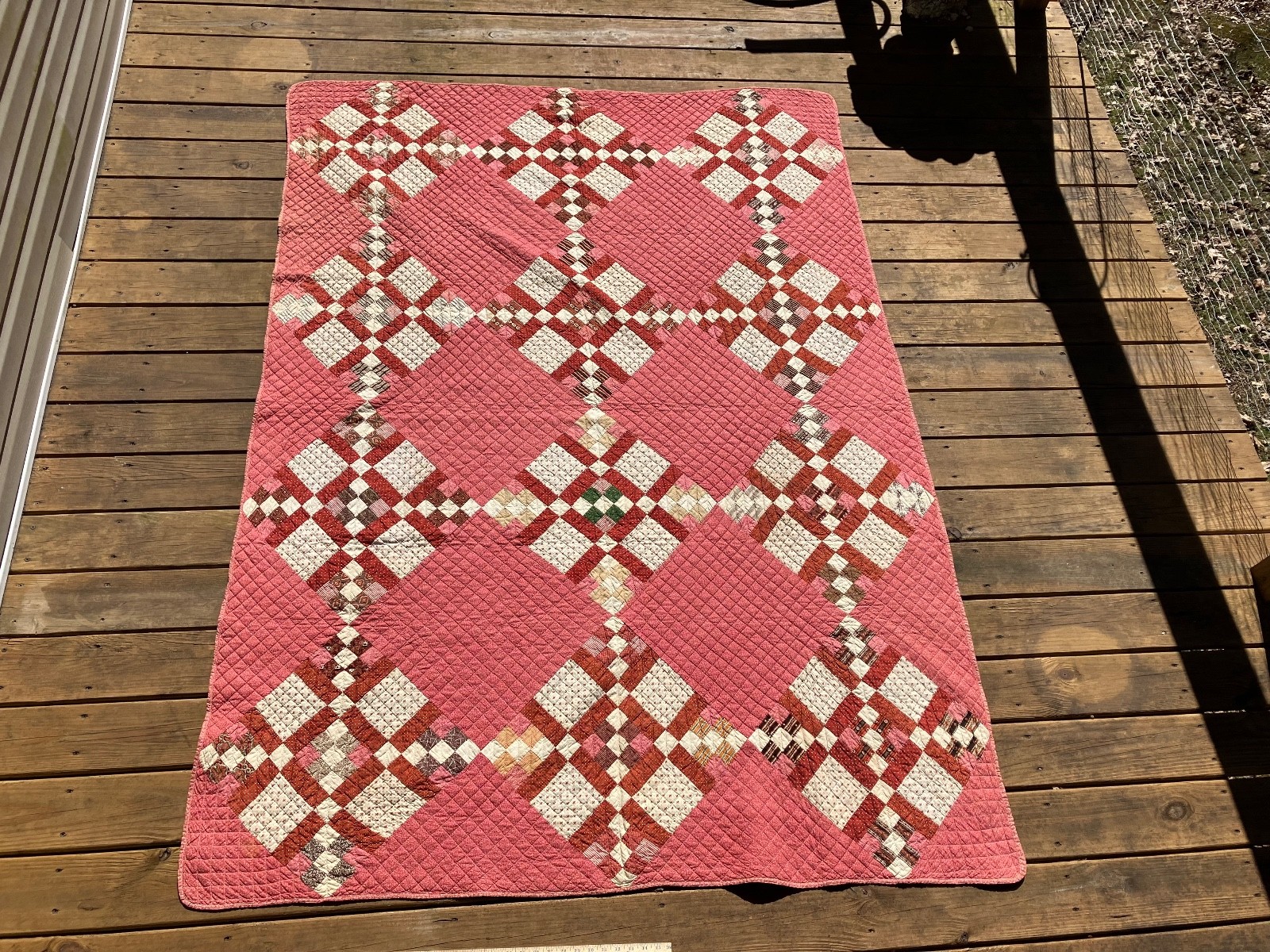 Unusual Antique 1890's era Irish Chain Variation Quilt Brown Raspberry Pink