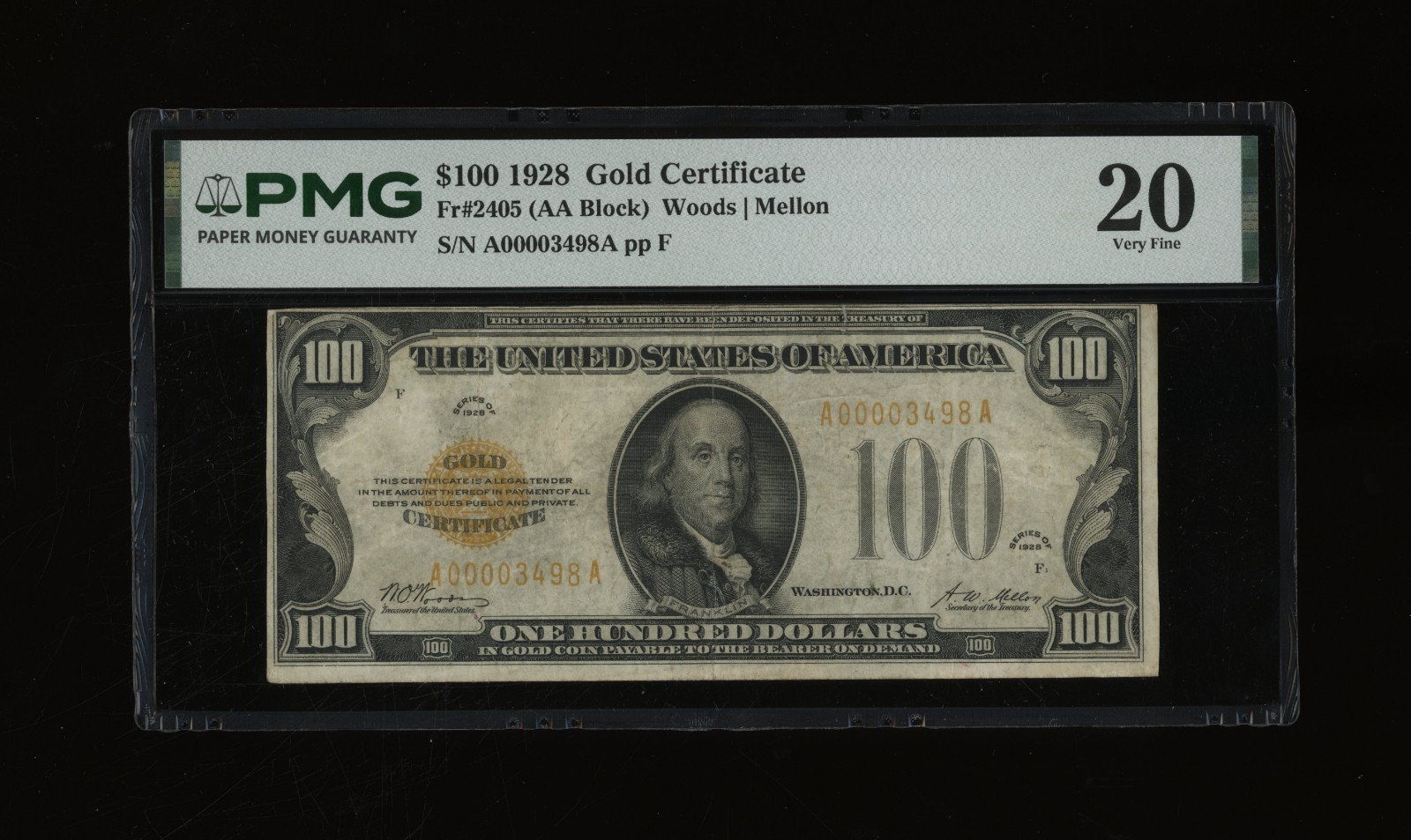 DBR 1928 $100 Gold Certificate Fr. 2405 PMG VF-20 Low Serial A00003498A