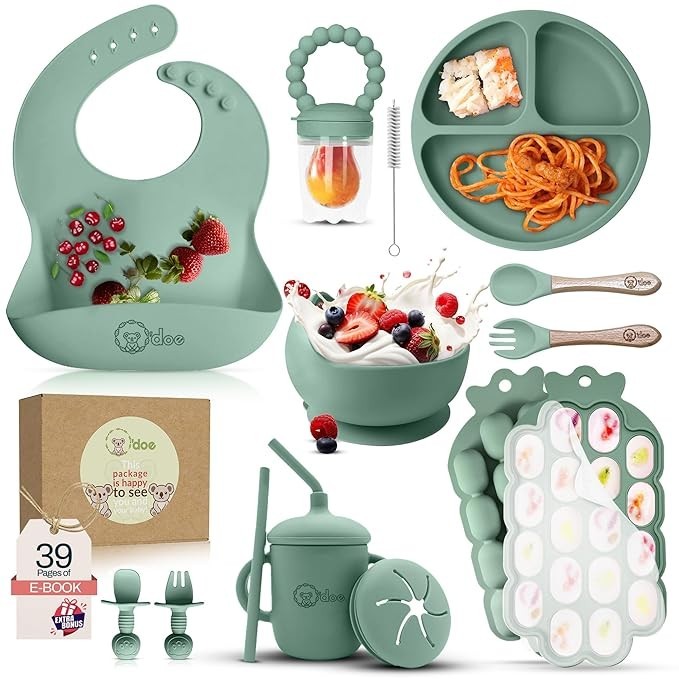 O'Doe Baby Weaning Set – 15 Pcs Silicone Baby Feeding Set. (Green)